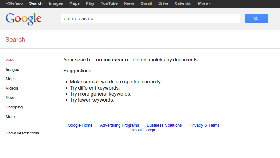 SERP for the keyword online casino if Google banned websites that buy